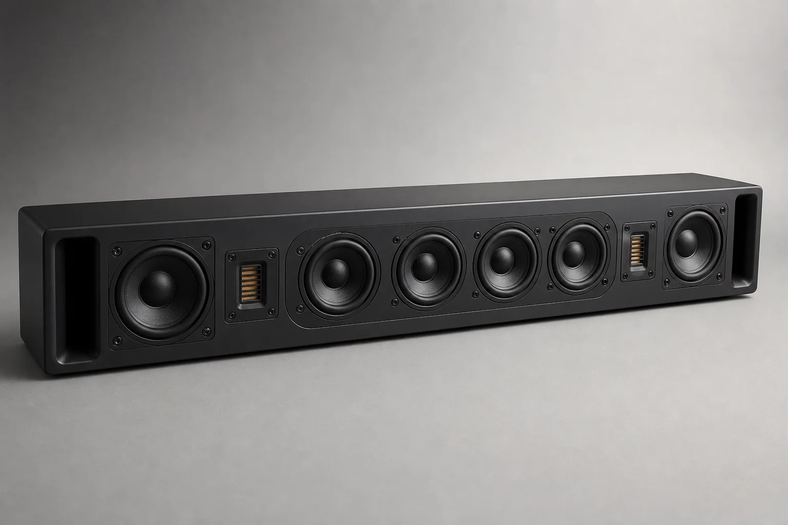 ニュートラルな背景に配置されたNakamichi Dragonサウンドバーシステム、サブウーファー、サラウンドスピーカー