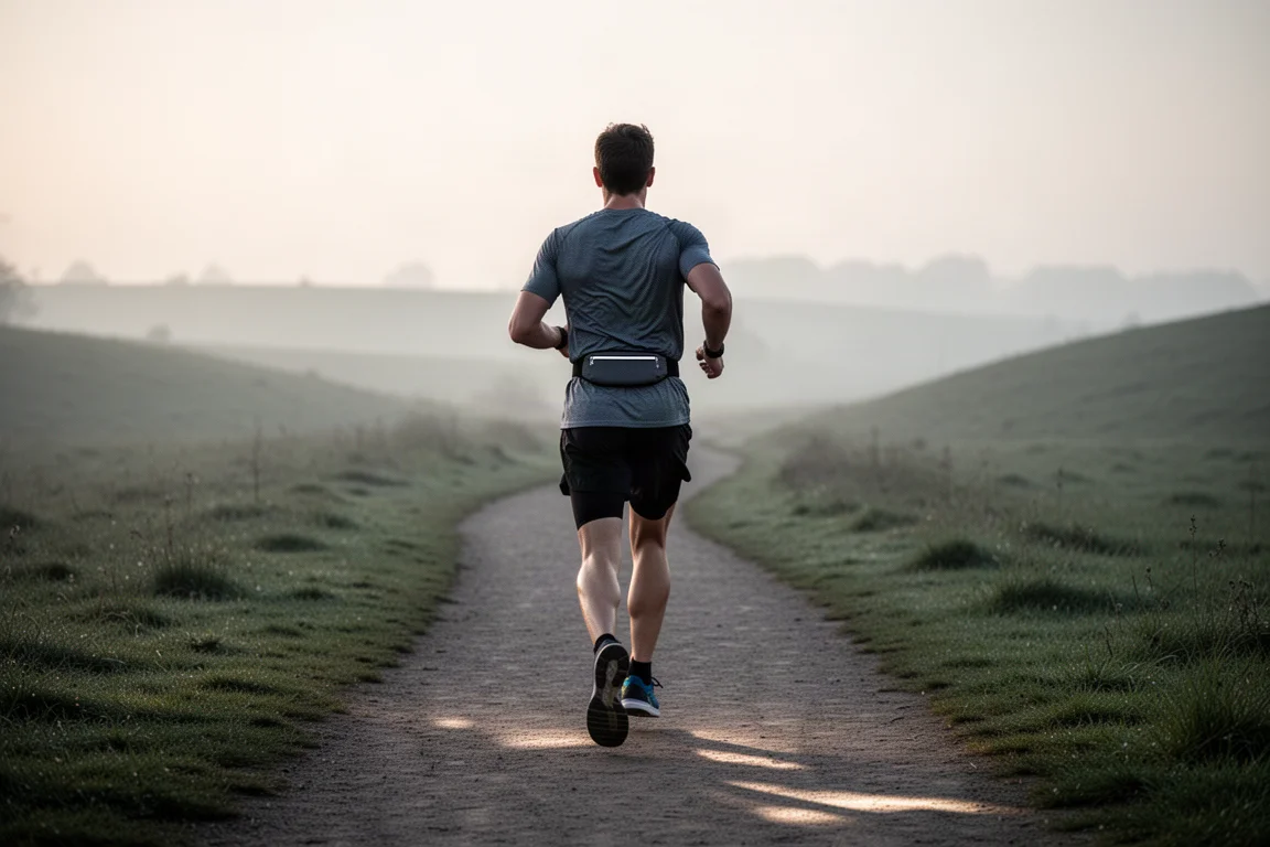 Corridore su un sentiero nella morbida luce del mattino con una cintura da running in vita