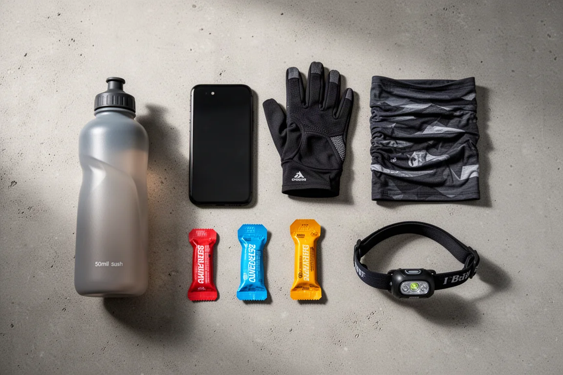 Assortimento di attrezzatura da running disposta pronta per essere caricata in una cintura da running