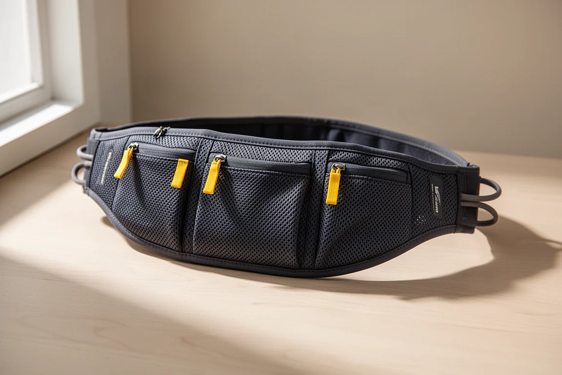 Dark mesh running belt with yellow pull tabs laid flat on a wooden surface