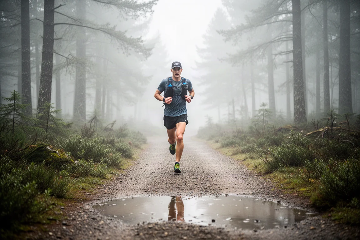 Trail löpare på en packad grusväg i en fuktig skog i mjukt dagsljus