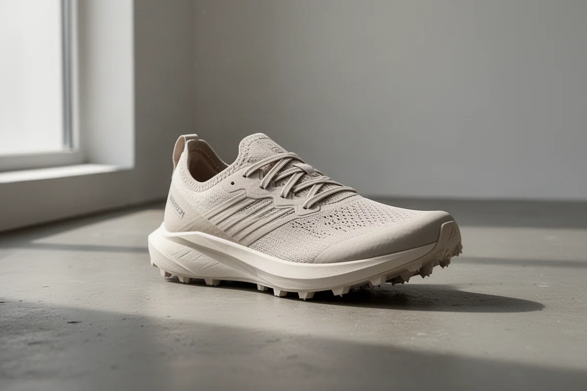 Lightweight laceless trail running shoe on a concrete surface