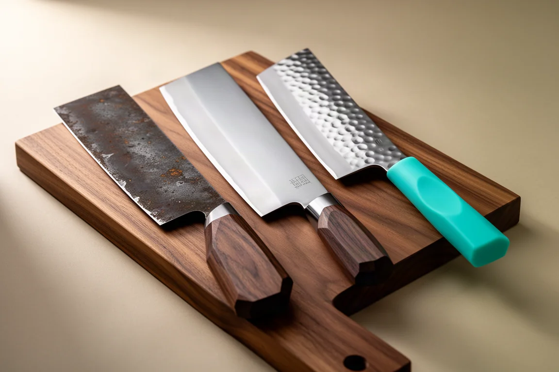 Three Japanese nakiri knives lined up on a walnut cutting board