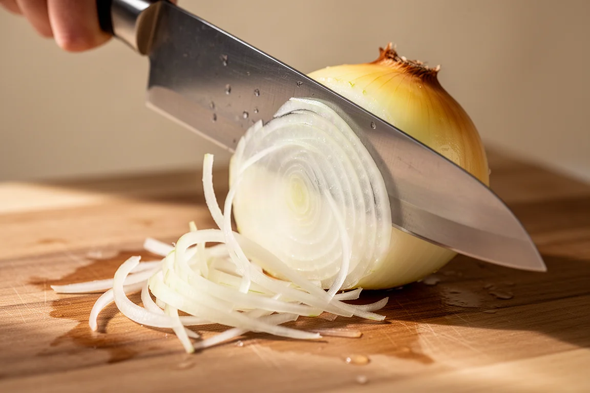 Nakiri-Messer schneidet eine gelbe Zwiebel in dünne, gleichmäßige Julienne-Streifen