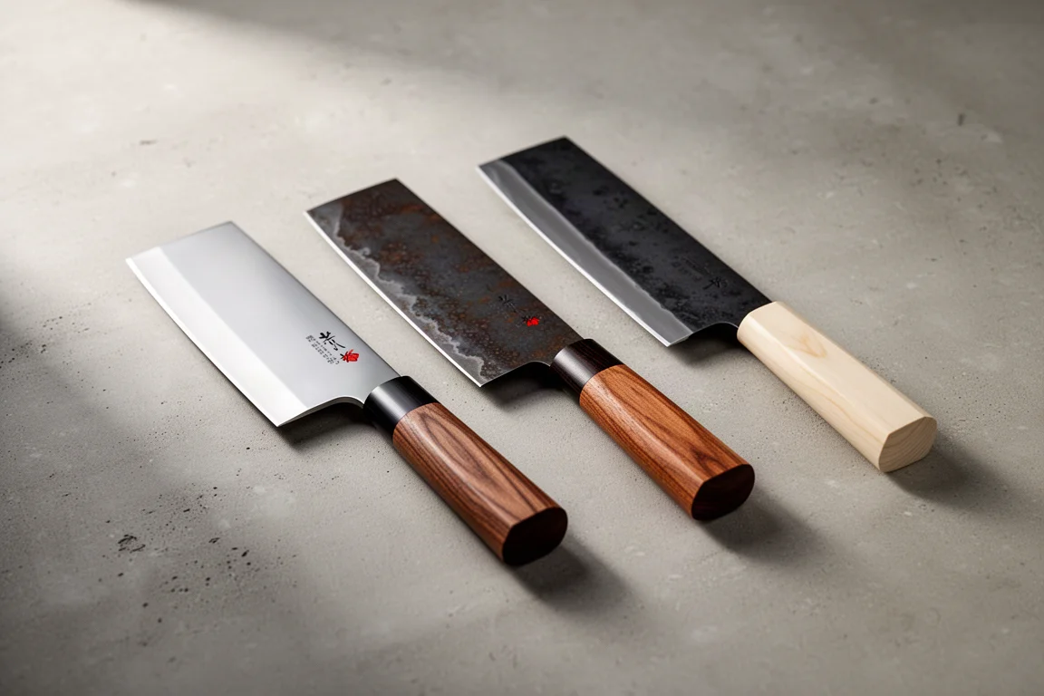 Three Japanese nakiri knives with different handles and finishes arranged on a concrete surface