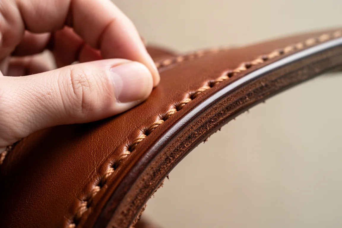 Primo piano della cucitura a sellaio a mano su un portafoglio in pelle full grain marrone