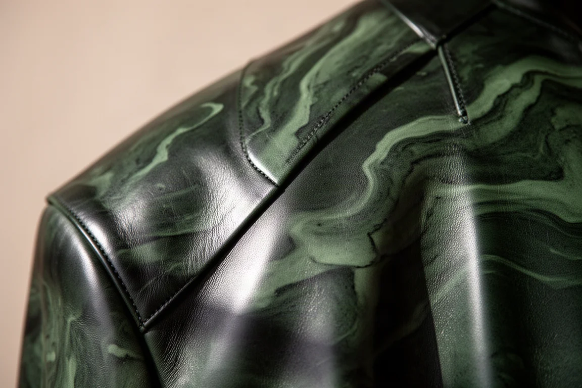 Texture di pelle marmorizzata verde scuro con lucentezza lucida alla luce naturale