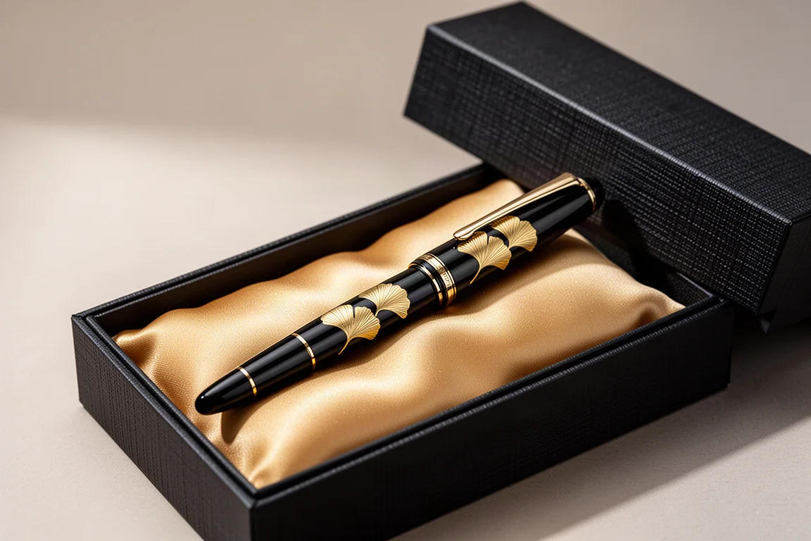 Lacquered fountain pen with golden ginkgo leaf motifs resting in its satin-lined presentation box