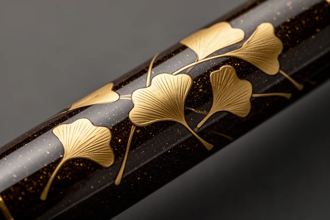 Close-up of gold-dusted ginkgo leaf maki-e detailing on a dark lacquer pen barrel