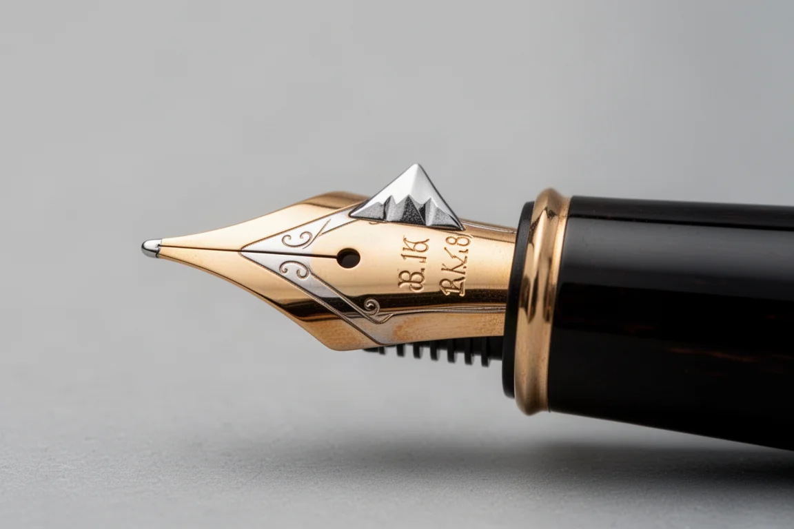 Two-tone gold fountain pen nib with rhodium accent on a dark lacquered pen
