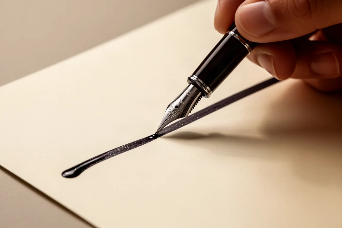 Fountain pen writing a smooth line of ink on cream stationery paper