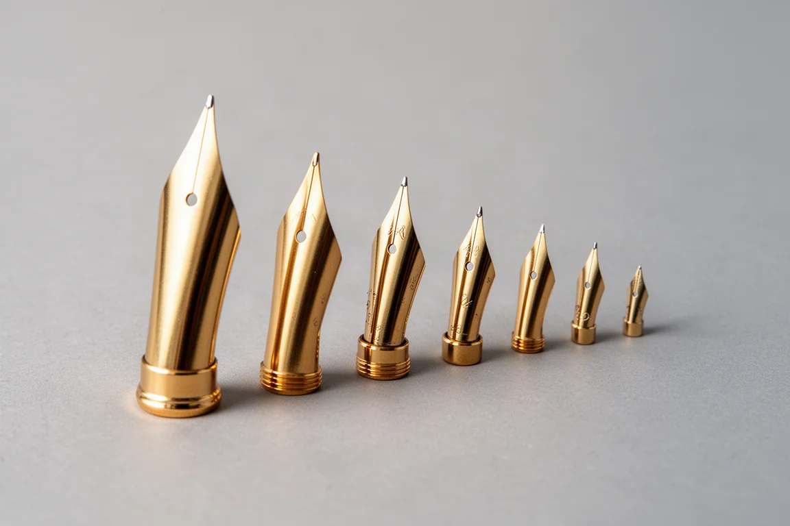 Rij gouden vulpennibs van oplopende formaat op een bureau
