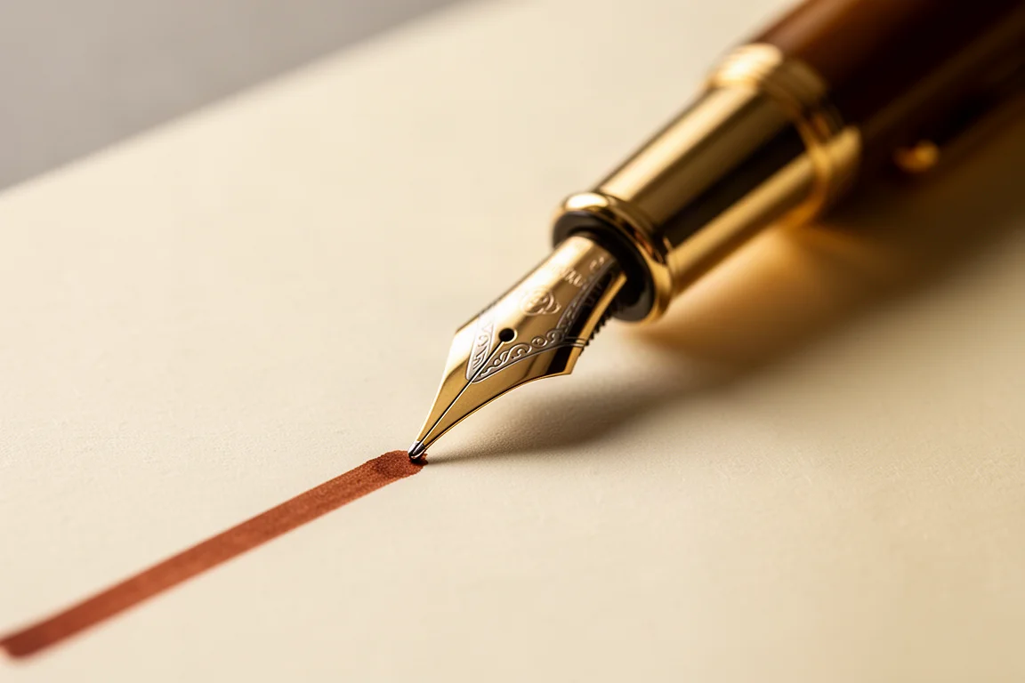 Vulpen-nib die papier raakt met vers geschreven inktlijnen