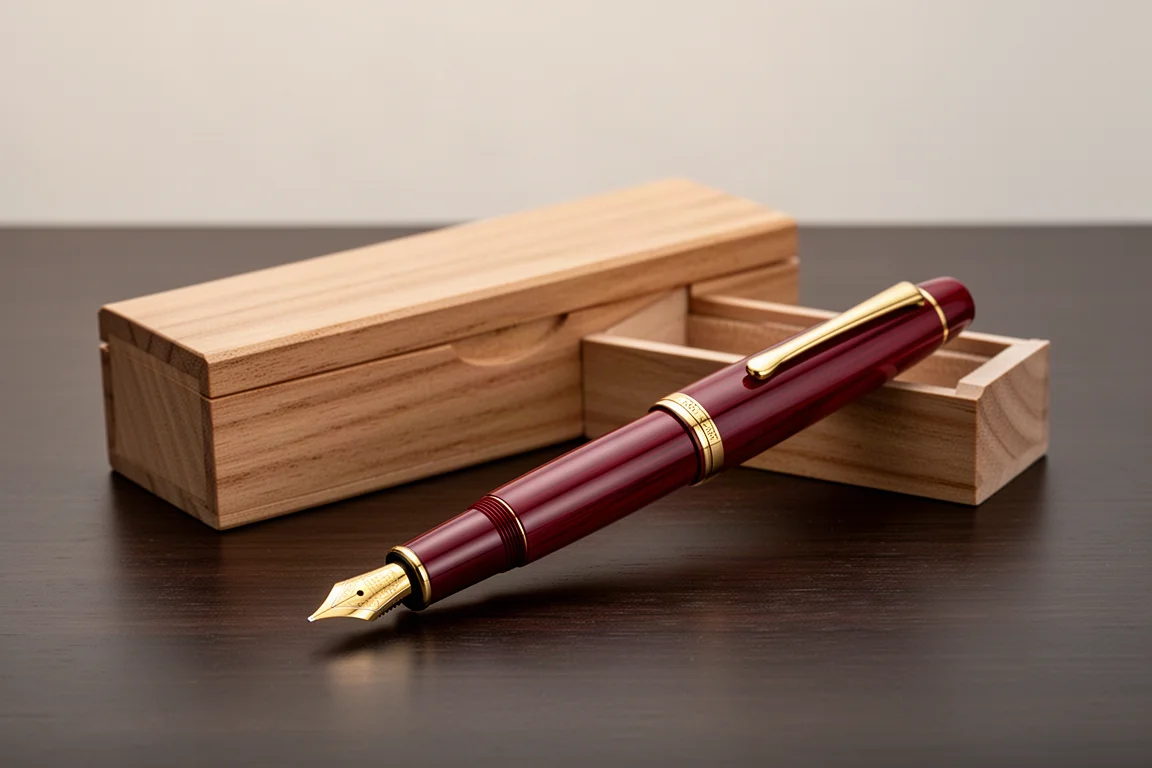 Vermilion lacquered fountain pen beside its wooden storage box on dark wood