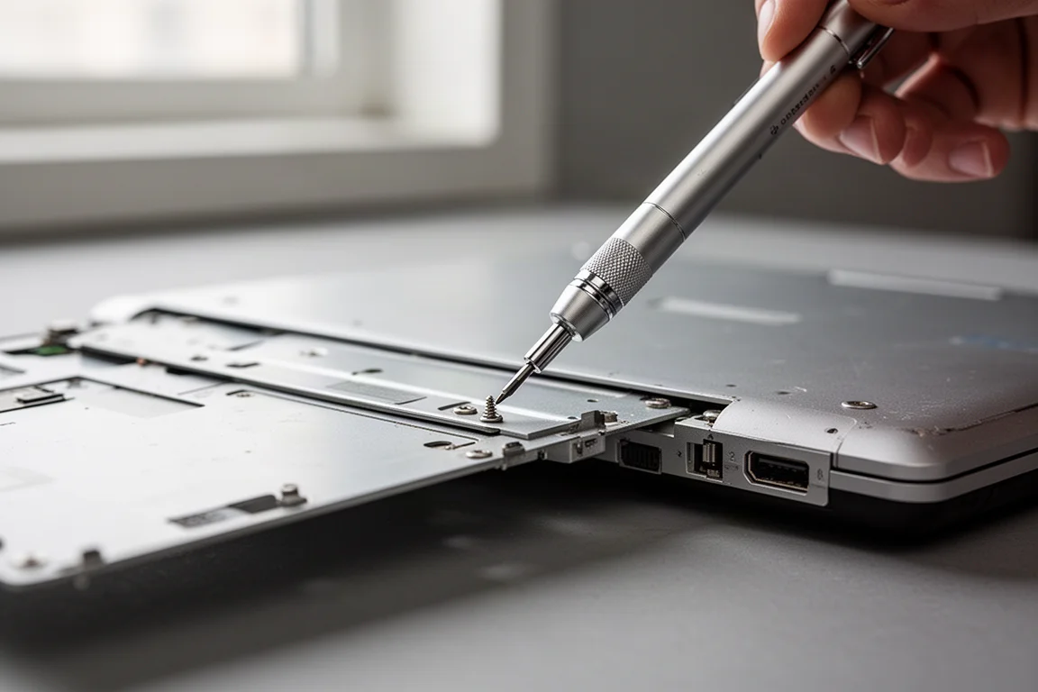 Kleiner Schraubendreher dreht eine Schraube an der Unterseite eines alten Laptops