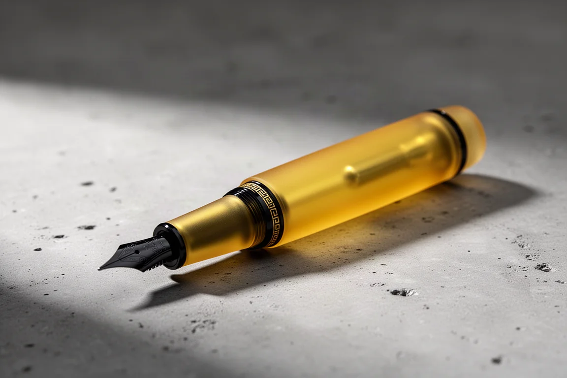 Penna stilografica color ambra satinata con finiture e pennino neri su superficie di cemento opaco