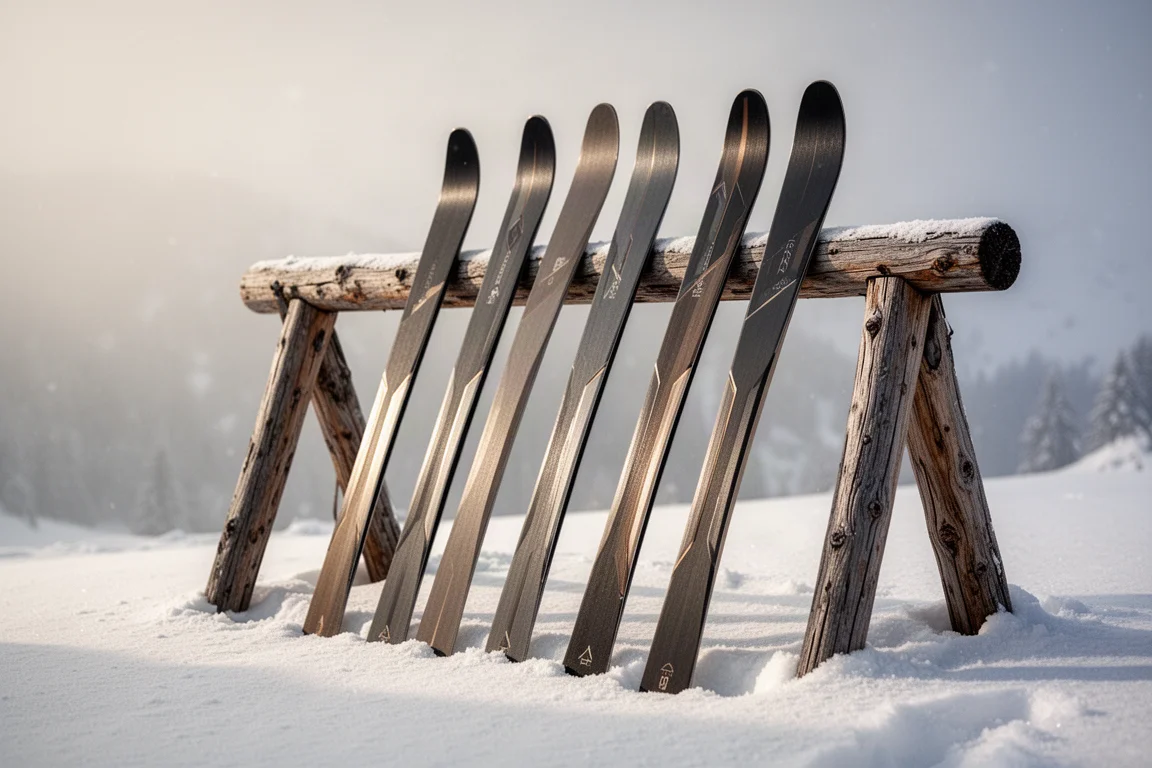 A lineup of narrow carving skis leaning against a wooden ski rack in snow