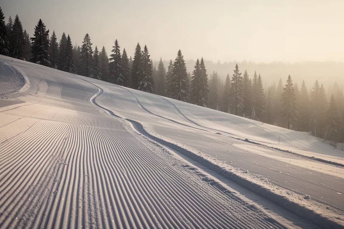 Pista appena battuta all'alba con strette tracce di curva through la linea di massima pendenza
