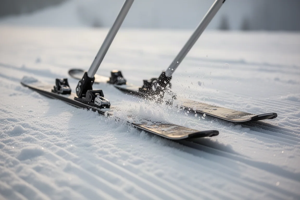 Primo piano di due spatole di sci strette che affondano in neve fresca compatta su una pista battuta