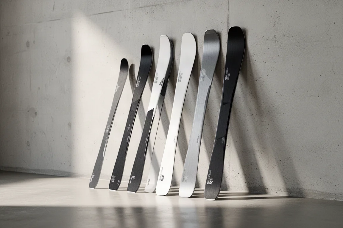 Group of narrow frontside carving skis leaning against a pale concrete wall