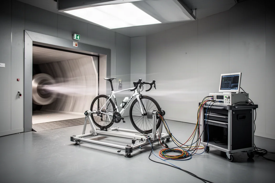 Rennrad auf einem Widerstandsteststand in einer Windkanal-Testkammer
