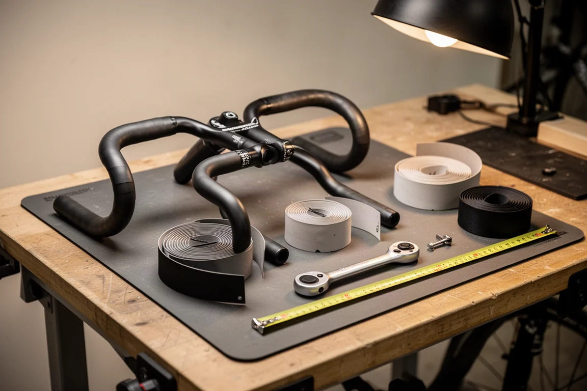 Établi d'atelier avec cintres drop, guidoline, mètre ruban et outils