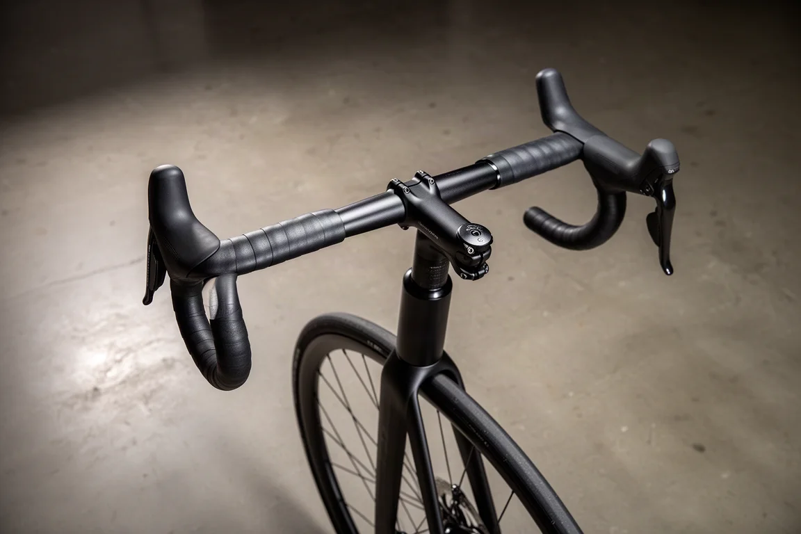Vista dall'alto del cockpit di una bici da strada con manubrio drop stretto e nastro manubrio nero opaco