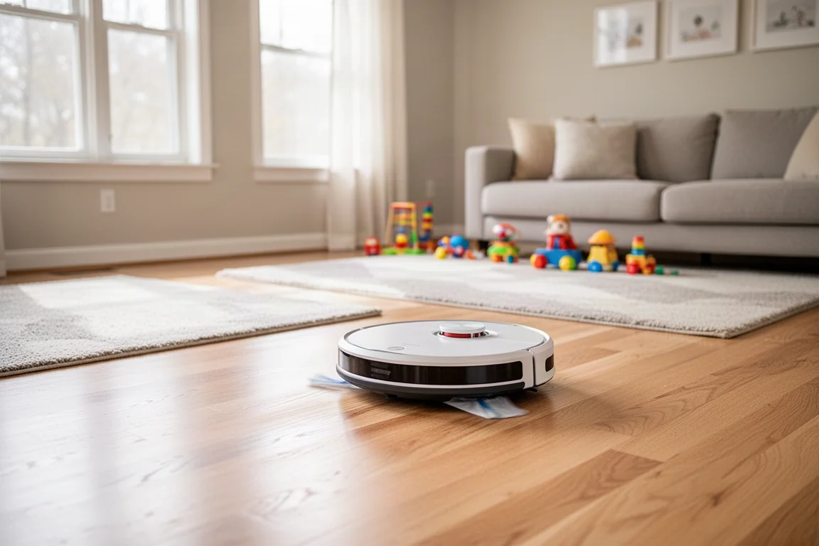 Robot vacuum and mop combo cleaning a hardwood floor in a bright family living room
