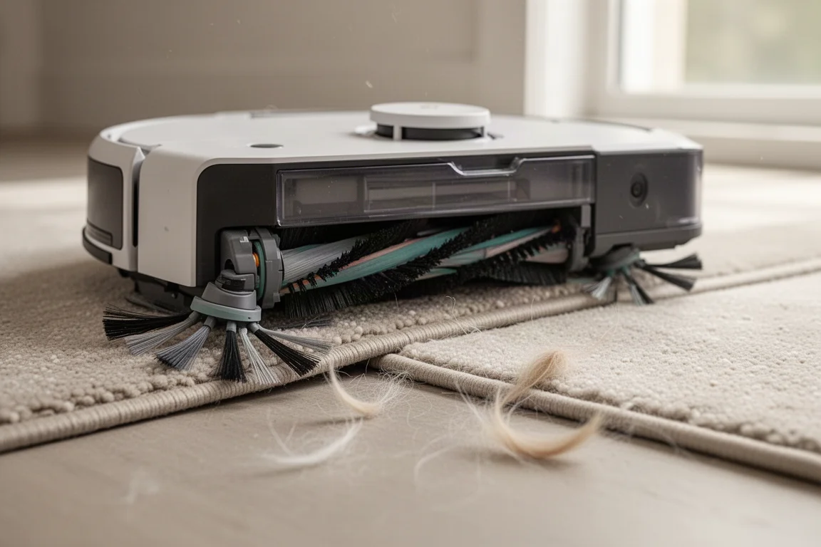 Close-up of robot vacuum brush picking up pet hair from a low-pile rug