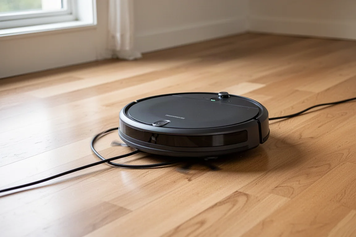Robot vacuum navigating around a power cable on a hardwood floor