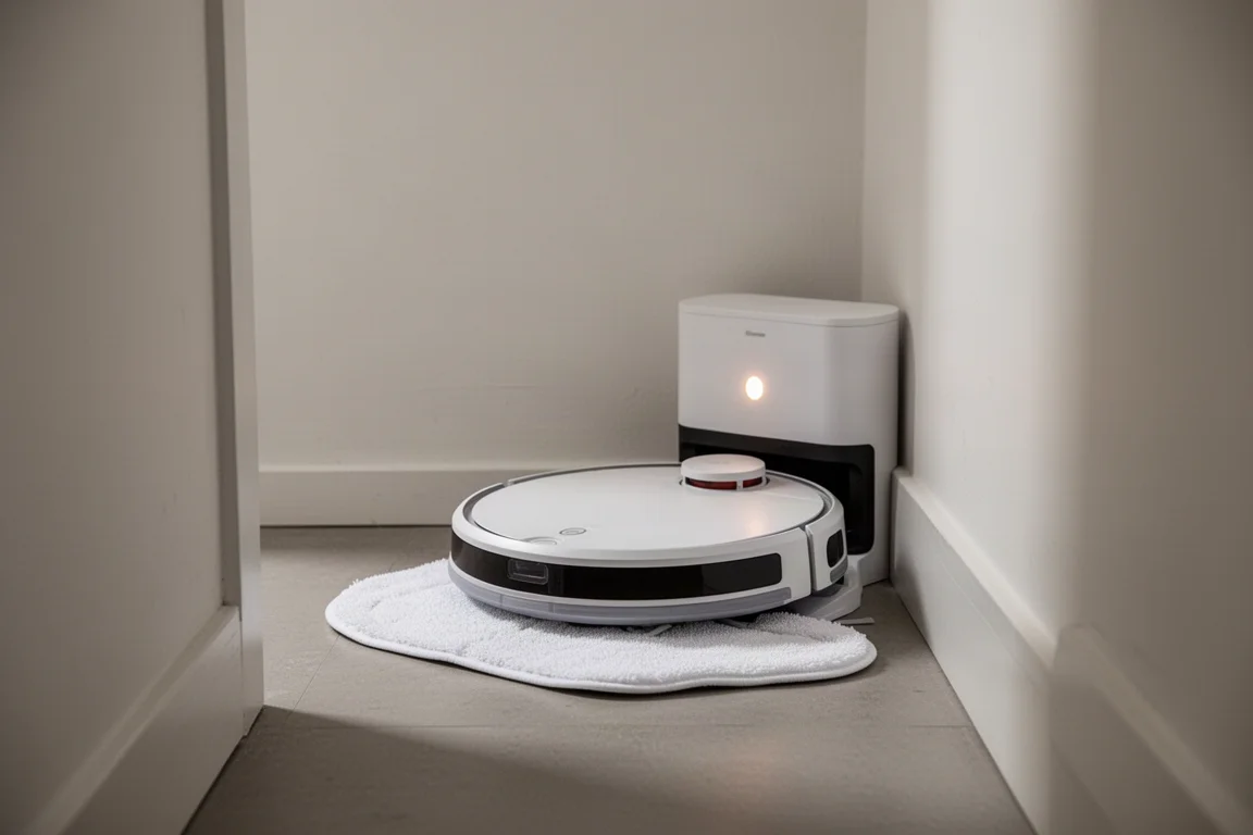 Robot vacuum docking station with a clean mop pad in a narrow hallway