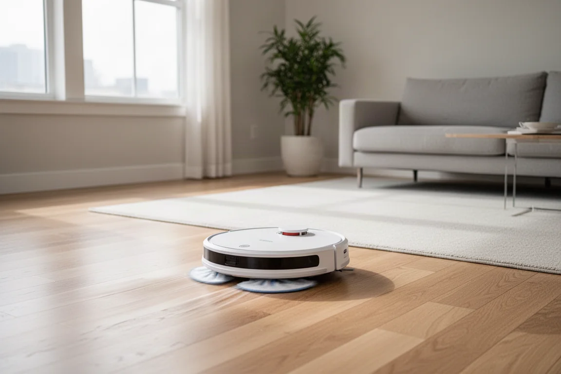 Robot aspirapolvere e lavapavimenti che pulisce il pavimento di un soggiorno moderno con parquet e tappeto