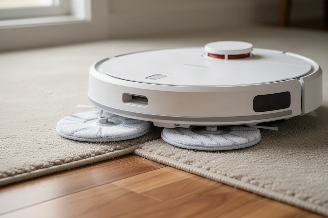 Primo piano dei panni di lavaggio del robot aspirapolvere che si sollevano mentre attraversa il bordo di un tappeto
