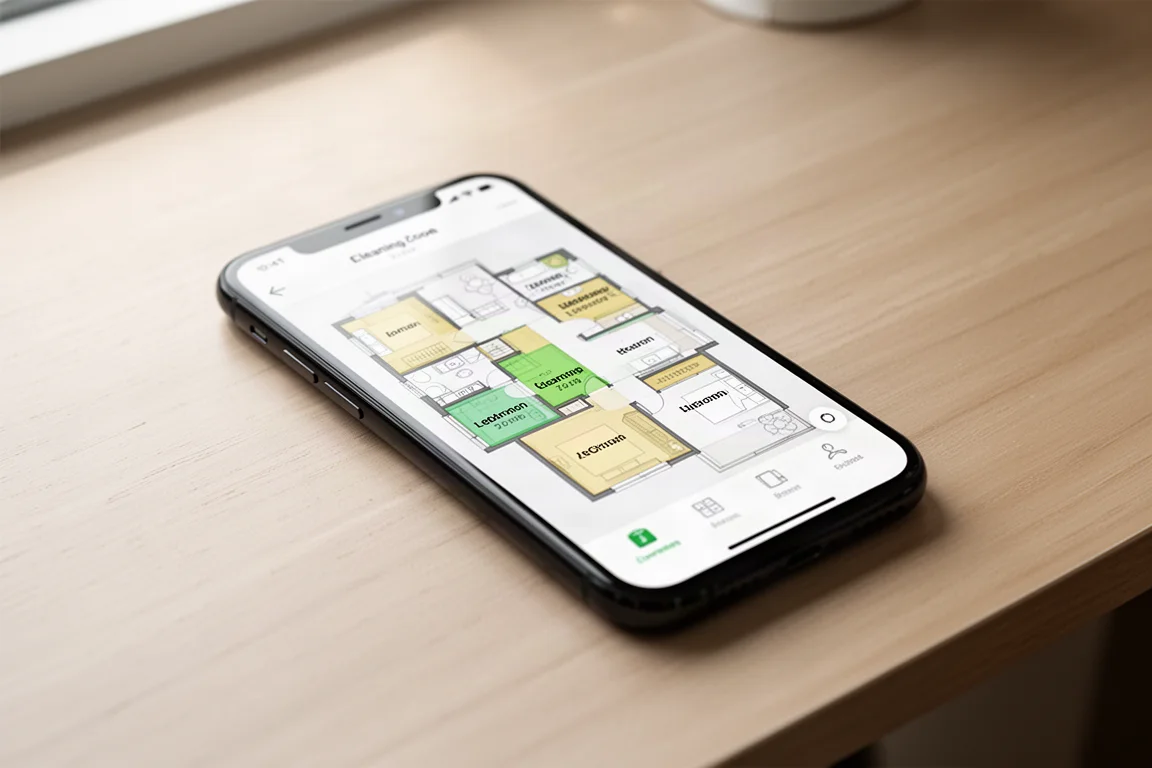 Interfaccia dell'app per smartphone che mostra una mappa dettagliata della pianta di una casa