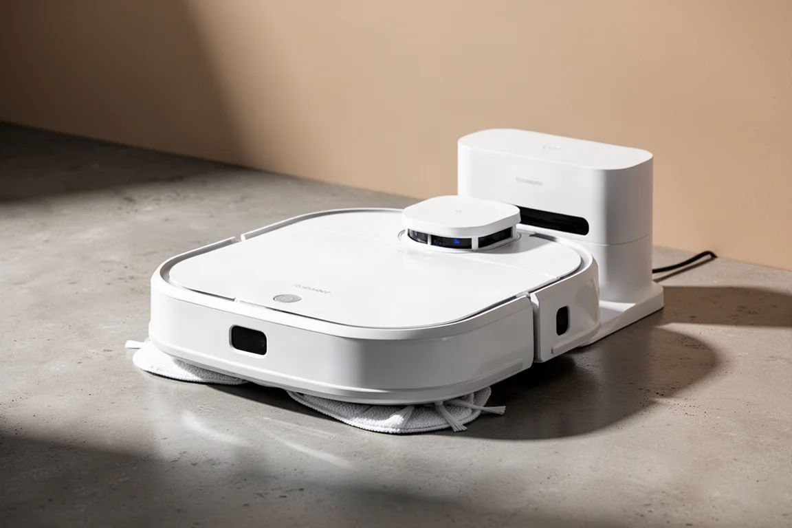 Robot aspirateur laveur Narwal Freo X Ultra avec sa station de charge sur une surface en béton