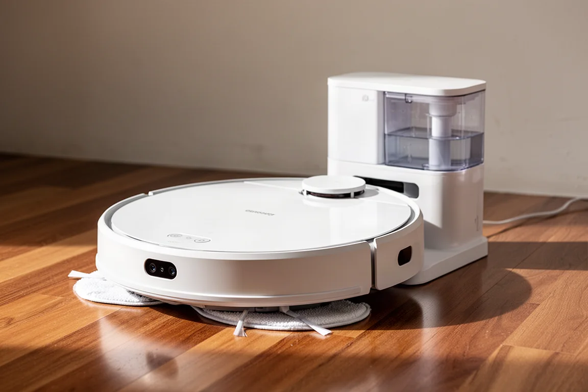 Robot aspirateur et laveur Narwal Freo Z Ultra avec sa station de charge sur un sol en bois dur