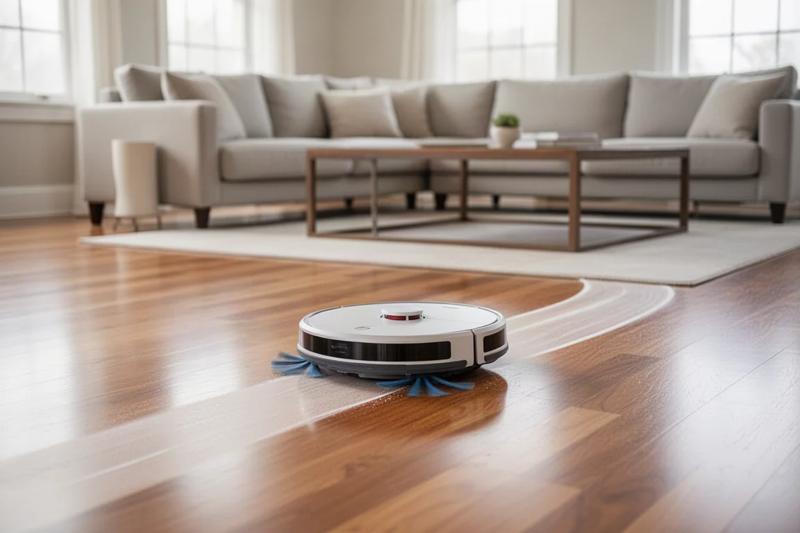 Robot aspirapolvere e lavapavimenti che pulisce il pavimento di un soggiorno moderno con superfici in legno