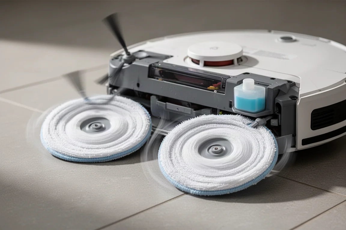 Primo piano dei panni di lavaggio e del modulo erogatore di detergente di un robot aspirapolvere