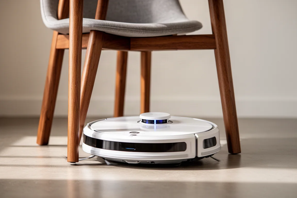 Robot aspirapolvere che naviga attorno alla gamba di uno sgabello da bar su pavimento duro