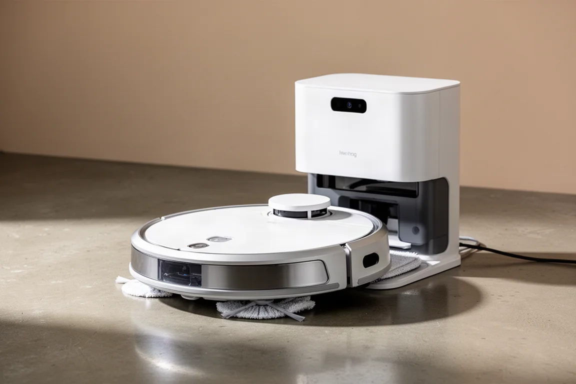 Robot aspirateur et laveur Narwal Freo Z10 avec sa station d'accueil sur un sol en béton poli
