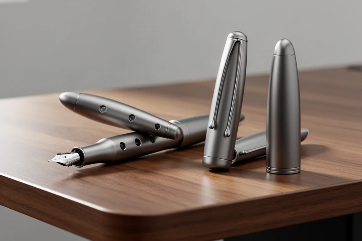Titanium fountain pen with torpedo shape and circular ink windows on a wood desk