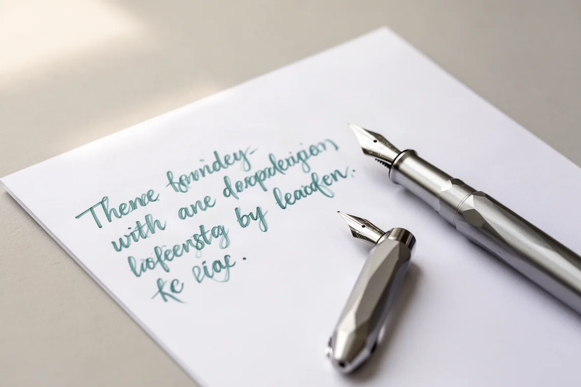 Esempio di scrittura a mano con inchiostro verde-azzurro realizzato con un pennino medio su carta bianca