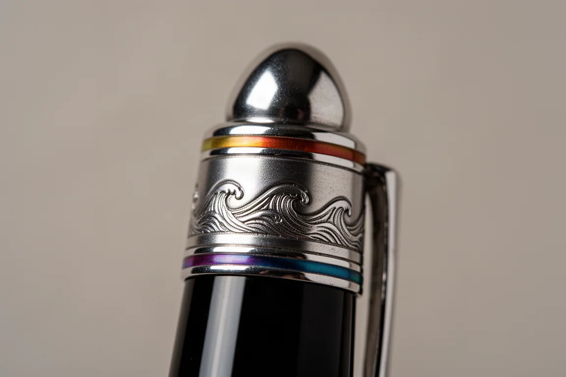 Geschwungener Metall-Kappenring mit Wellenmotiv auf der Kappe eines Füllfederhalters