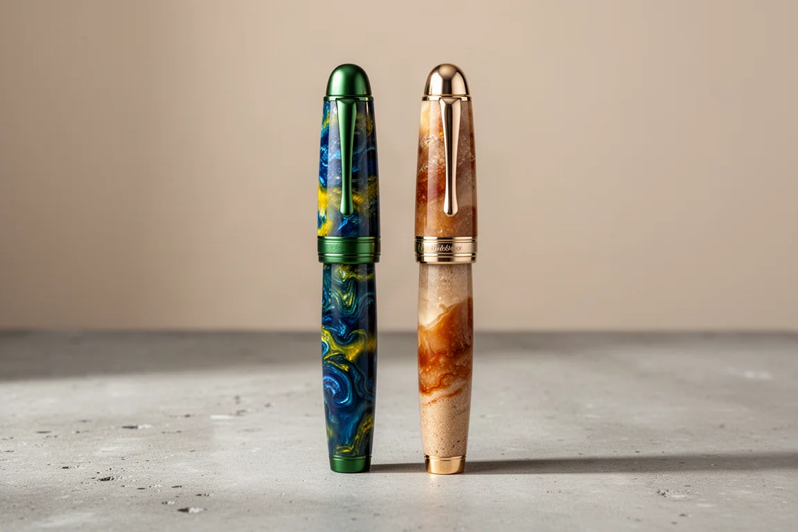 Two Narwhal Horizon fountain pens, one blue-green and one earth toned, on concrete surface