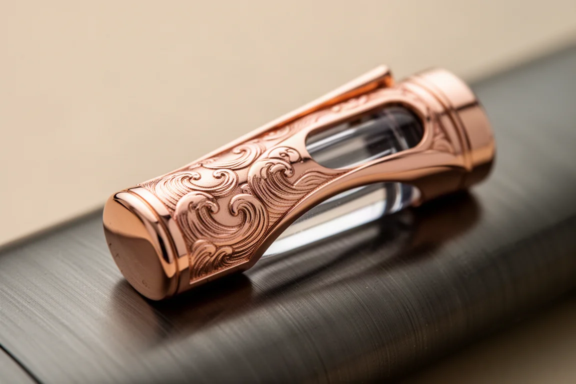Anillo de la tapa en oro rosa con grabado náutico de olas en la tapa de una estilográfica