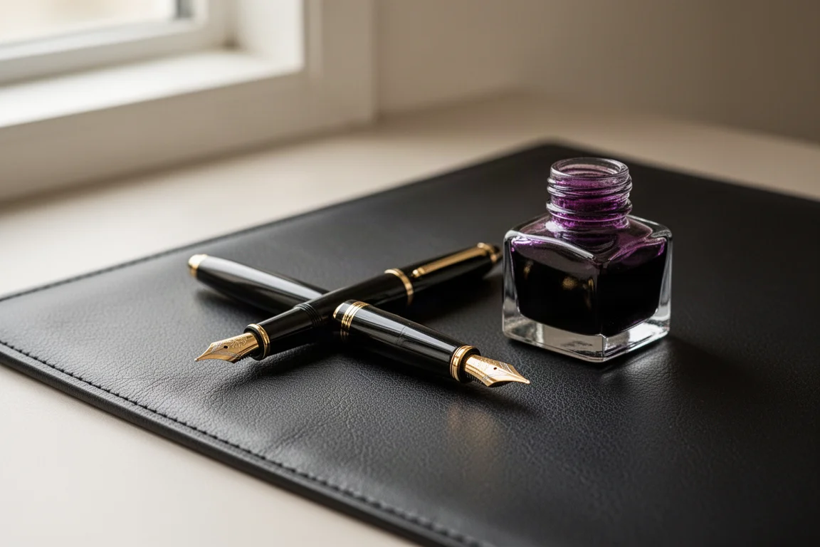 Pluma de estilográfica recién cargada con tinta morado oscuro sobre un escritorio