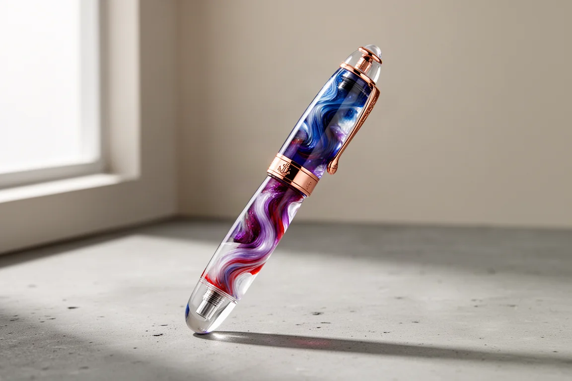 Narwhal Horizon Polar Knight fountain pen with swirling blue and purple acrylic on concrete surface
