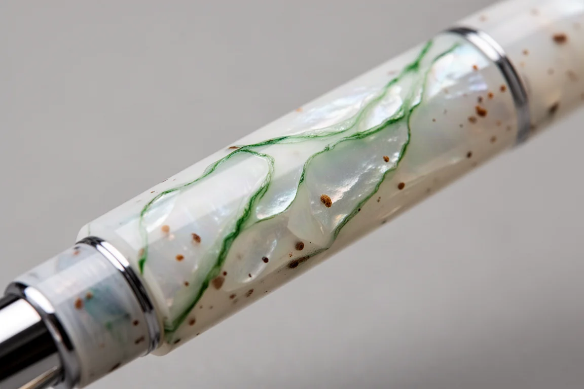 Pearlescent white and green resin barrel detail on a fountain pen