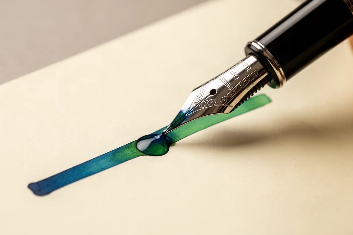 Fountain pen writing blue-green ink on cream paper