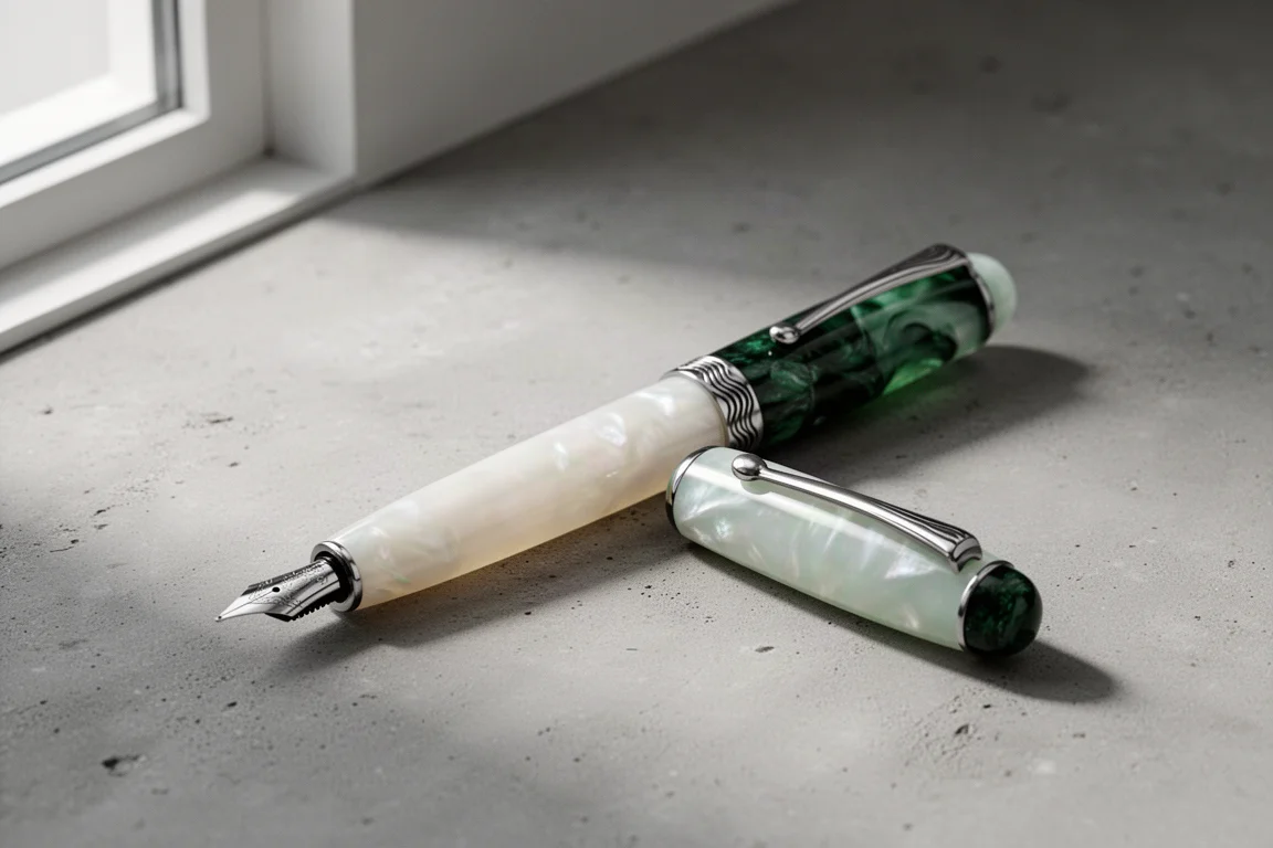 Penna stilografica Narwhal Horizon Twilight con resina bianca perlacea e verde su cemento